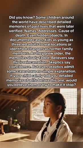 Children around the world have recalled past lives with names, places, and deaths that were later verified. As they age, the memories fade. Science struggles to explain why. #reincarnation #pastlifeexperience #children #fyp #death