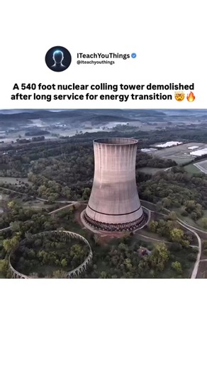 I Teach You Things on Instagram: "You might assume massive nuclear cooling towers are dismantled piece by piece. That assumption is incorrect. The video shows a controlled demolition of a 540-foot nuclear cooling tower after the facility reached the end of its service life. The source is a decommissioned nuclear power plant undergoing transition as part of an energy system change. The tower is a reinforced concrete structure designed to last decades. Explosives are placed at precise structural p
