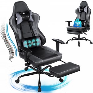 JONPONY Big and Tall Gaming Chair with Footrest 400lbs Massage Gamer Chair with Memory Foam Adjustable Tilt Back Angle & Armrest, High Back Leather Computer Office Chair，Grey
