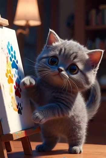 Round Gray Kitten Paints Whimsical Paw Prints in Pixar-Style 3D