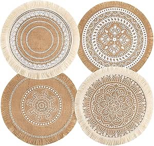 CcHhyyt Set of 4 Boho Woven Round Placemat Handmade Table Mats Woven Jute Tassel Mat RetroTable Decor Fringe Cotton Coffee Mat Waterproof Fur Ball Dining Mat Pompom Home Decor Bohemian (Tassel Mix A)