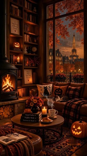 Halloween Jazz by the Eiffel Tower 🌧️ Pumpkin Glow & Cozy Fireplace #Shorts #relaxingjazz