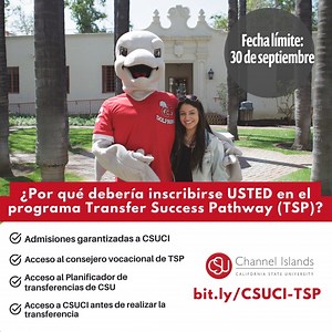👋Join the Transfer Success Pathway (TSP) program at CSU Channel Islands for guaranteed admission, personalized guidance from a CSUCI counselor, and the use of the CSU Transfer Planner. Choose from various non-impacted majors and get on track to transfer seamlessly. This program is perfect for high school students deciding to enter a community college for Fall 2024. 🗓🐬Sign up today by visiting: bit.ly/CSUCI-TSP #csuci #TSP Únase al programa Transfer Success Pathway (TSP) en CSU Channel Islands