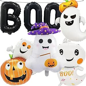 7 Pieces Halloween Ghost Pumpkin Boo Balloons Set, Large Cute Happy Boo Day Foil Mylar Balloons for Halloween Birthday Ghost Themed Backdrop Party Decorations