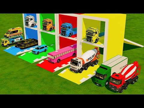 TRANSPORTING MERCEDES MINI BUS, VOLKSWAGEN POLICE, FORD POLICE, MERCEDES FIRE TRUCK TO GARAGE | FS22
