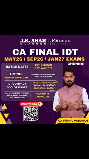 Gölmāl CÂ 💚 on Instagram: "CA FINAL – IDT Regular Batch is here! Learn from the experienced — Mr. GST – CA Vishnu Vardhan 🧾 🔥 Batch Highlights: 📍 Mode: Face to Face | Zoom Live | Recorded 🕒 Duration: 140 Hours of complete conceptual learning 👨‍🏫 Faculty: CA Vishnu Vardhan (Mr. GST) 💼 Coverage: Full IDT syllabus with ICAI updates + Practical insights ✨ Why Choose This Batch? ✅ Learn with crystal-clear concepts — not rote learning ✅ Real-life GST case studies & examples ✅ Covers latest ame