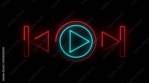 Music timeline or video track player icon in glowing red and cyan color neon line. Music arrow button symbol .Play button icons Round icons on transparent backdrop. Video Audio Player Navigate Symbol.