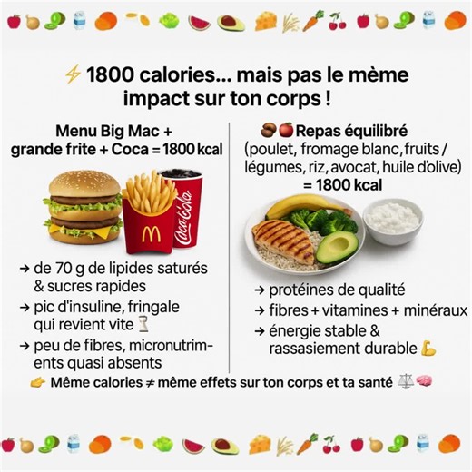 ⚡️1800 calories… mais pas le même impact sur ton corps !⚡️ 🍔 Menu Big Mac   grande frite   Coca = ~1800 kcal ➡️   de 70 g de lipides saturés & sucres rapides ➡️ pic d’insuline, fringale qui revient vite ⏳ ➡️ peu de fibres, micronutriments quasi absents Ohhh ouii c'est bon...mais à petites doses!!! 🥩🍌 Repas équilibré maison (≈1800 kcal) 300 g poulet grillé 500 g fromage blanc 0% 350 g riz cuit 300 g brocolis vapeur 200 g banane 100 g avocat 15 g huile d’olive ➡️➡️➡️ plus de 1k500 de nourriture