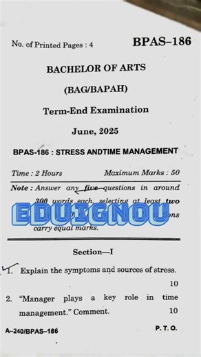BPAS 186 Stress and Time Management | IGNOU June 2025 Question Paper Solution | IGNOU Shorts