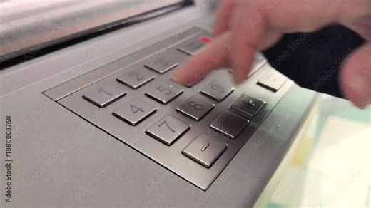 A man approaches an automatic teller machine in a bustling urban area. He enters his pin and successfully completes a cash withdrawal. The moment captures everyday life and convenience of banking.
