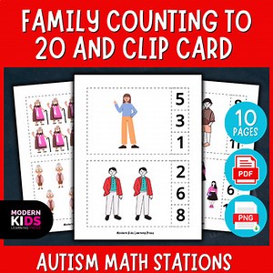 Family Counting to 20 and Clip Card - Math Worksheets for Autism Special Edu