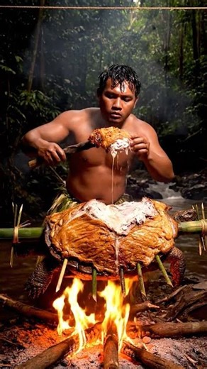 Tribal Man Roasting Giant Wild Turtle | Primitive ASMR