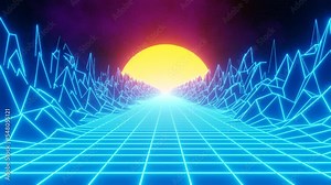 Dynamic Retro Background, futuristic technology backgroun, 80s retro background loop animation, 90s retro futuristic sci-fi seamless loop. Synthwave retro, outer space, star sky, sun and nebula