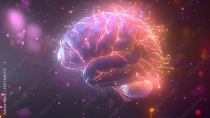 Detailed 3D animation of a human brain neural network, internal communication