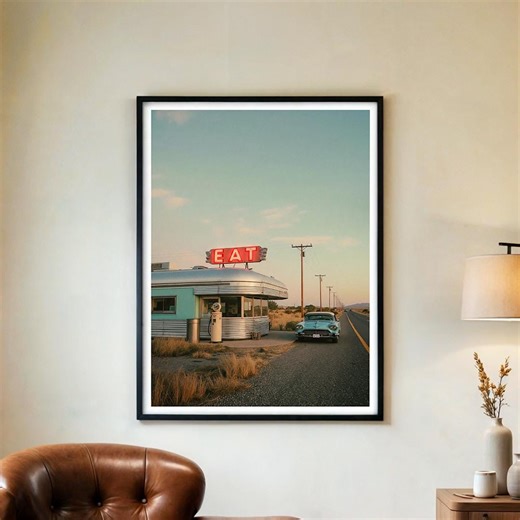 Vintage Roadside Diner Poster – Retro Neon Sign Kitchen Decor, Route 66 Americana Wall Art, Classic Car Desert Travel Gift FRAMED/UNFRAMED - Etsy