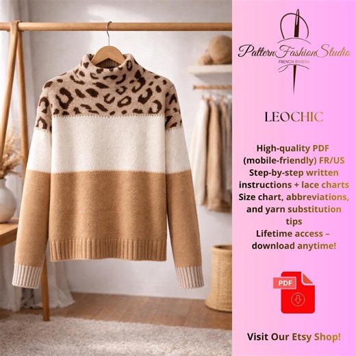 Women's Wool Sweater Knitting Pattern PDF – Color-block Pullover With Leopard Print Insert, Iconic Trendy Style S/M/L - Etsy Australia