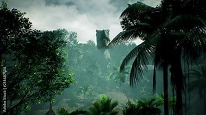 T Rex Tyrannosaur Dinosaur animation in jungle. realistic render. 4k.