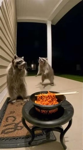 Raccoon's noodle eating technique is INSANE 🤣 #fyp #funny #animals