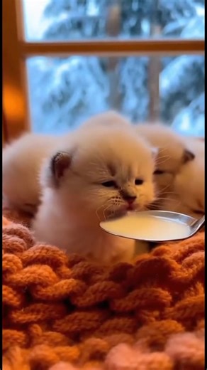 Watch five adorable newborn ragdoll kittens with fluffy cream coats enjoy their warm milk on a cozy orange blanket in a sunlit cabin Snow falls gently outside as these tiny furballs take their first sips from a silver spoon creating a tender and tranquil winter scene Hear the soft purrs and fireplace crackles in this heartwarming moment#newbornkittens #ragdollkittens #babykittens #kittens #cutekittens #spoonfeeding #milkbabies #winterkittens #cozycabin #kittensdrinkingmilk #adorableanimals #fluf