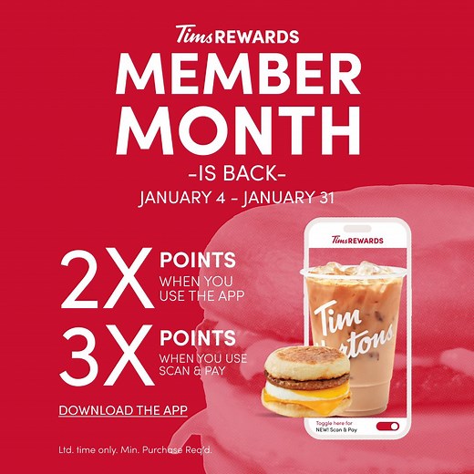 1.5K views · 24 reactions | Member month is back! Get 2X the points when you use the Tims app. 3X when you Scan & Pay. It’s app-solutely worth it! | Tim Hortons Cafe and Bake Shop | Facebook