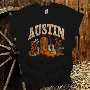 Vintage Austin Texas T-shirt: Cowboy Boots, Guitar & Wildflowers - Etsy