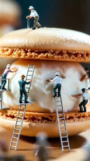‏Tiny workers, giant macaron! 🍪 Miniature builders at work! 👷‍♂️✨ #miniatureworld #TinyWorkers