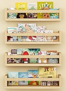 Onlysky Set of 4 Wall-Mounted Kid's Bookshelf - Wood Floating Nursery Book Shelves - Durable Wood Construction - Ideal for Nursery Decor, Kids Room, Toy Storage