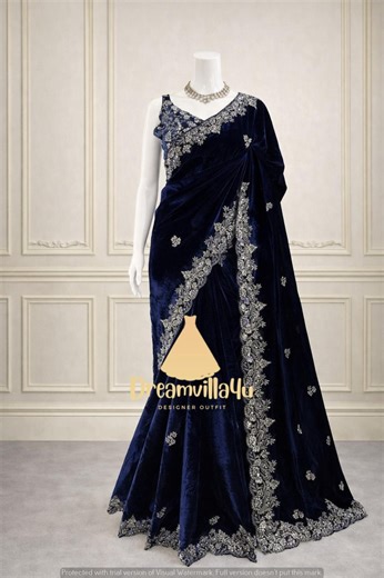 Midnight Blue Color Designer Velvet Saree |ready to Wear Saree |embroidered Work |saree With Stitched Blouse | Saree |sarees for Women |sari - Etsy Australia