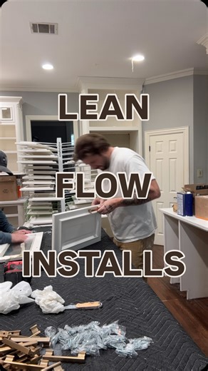 One piece flow processes are faster than batch processes. That’s why we implement them wherever we can. It is counterintuitive but doing one thing on one piece at a time cuts down on wasted movement. We do one piece at a time on install day. One station inserts hinges and hardware, staging it for next guy who actually hangs the door. This creates an efficient work flow that allows for problems to be spotted and corrected sooner than a batch process and cuts down on the number of times we handle 