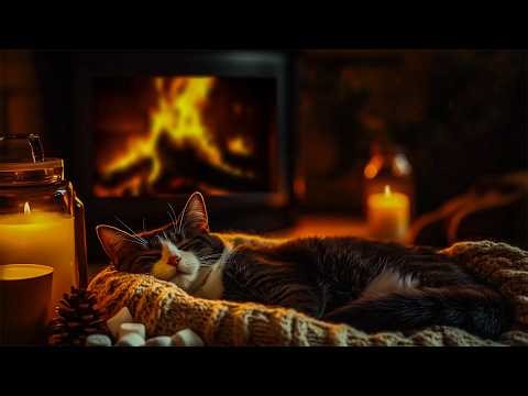 Relax With Purring Cats And A Warm Fireplace | Cozy Romantic Sleep With Crackling Fire Sounds ASMR