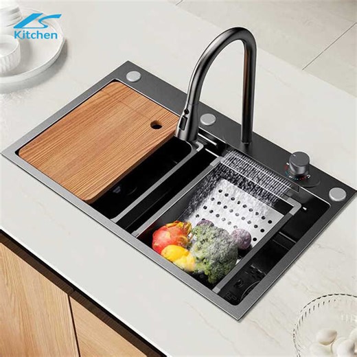 Integrated Large Single Bowl Kitchen Sink Rinser Stainless Steel Undermount Installation LED Flying Waterfall 3-Function Sprayer