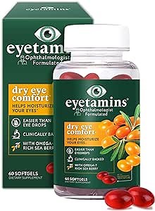eyetamins Dry Eye Comfort - 60 Softgels - Ophthalmologist - Formulated, Natural - Himalayan Sea Buckthorn Oil - Vegan and Non-GMO Formula