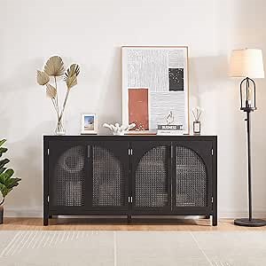 Buffet Cabinet with Storage,Sideboard Buffet Cabinet with Retro Design, Artificial Rattan Doors, and Metal Handles - Spacious Buffet Table for Dining, Living Room, Kitchen, and Entryway (Black)