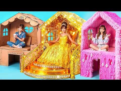 We Build Amazing Doll House | DIY Cardboard and Fluffy Golden Challenge By HoHoHou