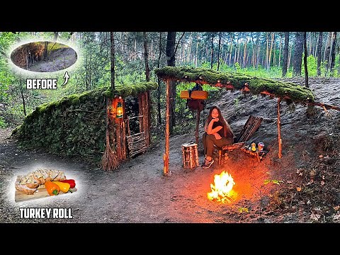 Bushcraft camp in the woods | Moss roof shelter | Turkey roll on fire | outdoor tent, chair, table |