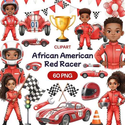 African American Red Race Car Clipart, 60 Black Boy Girl Racer PNG, Formula Racing Graphics, Melanin Speed Birthday, Pit Stop Party Art - Etsy