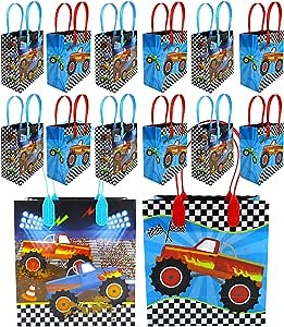 TINYMILLS Monster Truck Themed Party Favor Bags Treat Bags with Handles, Monster Truck Candy bags for Birthday Party Goodie Bags, Party Supply Decoration, Pack of 12