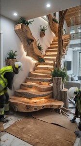 A beautiful staircase made from wood planks 🤯 #interiordesign #woodworking #rustic