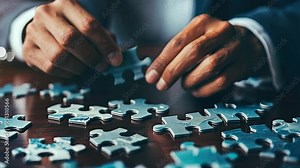 Mastering the Puzzle: Close-up of a businessman's hands strategically assembling a jigsaw puzzle, symbolizing problem-solving, strategy, and the pursuit of solutions in the business world.