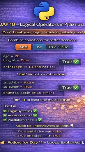 NextGenTelecom on Instagram: "DAY 10/45 – Logical Operators in Python (and, or) 👉 Follow for Day 11 . . #python #devops #telecom #automation #inspiration #techskills #5g #techcareers"