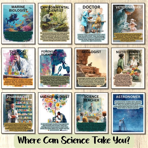 SCIENCE Career Posters, 12 Science Class Gallery Wall, Classroom Decor, High School Middle School, Science Bulletin Board Set, Science Jobs - Etsy