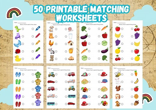 50 Printable Matching Worksheets, Match the Picture, Match the Colour, Preschool Activity, Educational Pages - Etsy