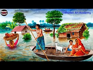 How To Draw Scenery Of Flood With Watercolor|Rainy Season Flood Scenery Painting|Flood Scenery