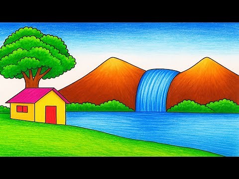 How to draw a WATERFALL Scenery Drawing with color pencils | Easy Mountain with Waterfall Drawing