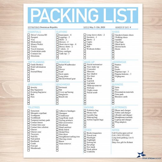 Modern Light Blue Printable Packing List, 8.5"x11", Editable PDF, Instant Download Checklist - Etsy