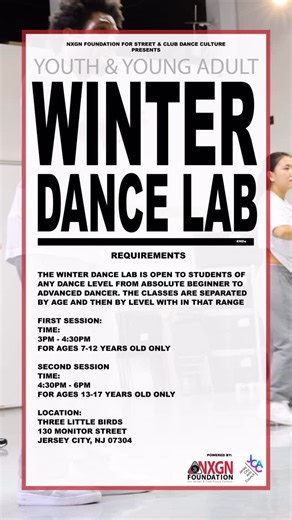 Next Generation Foundation for Street and Club Dance Culture on Instagram: "NXGN Foundation Winter Dance Lab w/Cebo Go Noodle’s Blazer Fresh Choreographer!!!! This dance lab is sponsored by @jerseycityartscouncil and @nxgn_foundation. It will be free for all Jersey City public school enrolled students for the 2025-2026 school year. The Winter Dance Lab is open to students of any dance level from absolute beginner to advanced dancer. The classes are separated by age and then by level within that 