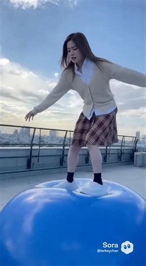 強風の中屋上でバランスボールの上でバランスとってみた #可愛い #美女 #バランスボール