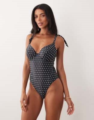 Peek & Beau underwire swimsuit with bow tie straps in black & white polka dot  | ASOS