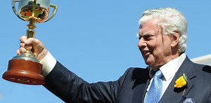 Horse trainer Bart Cummings reaches the finishing post for the last time