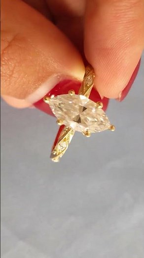 Unique Moissanite Engagement Ring, 14K Solid Yellow Gold Art Deco Marquise Ring, Milgrain Ring